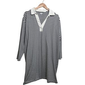 Lands End Dress Womens Black/White Striped Collared Dress 2X 20W-22W Nautical